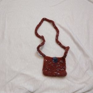 Red Wool and Blue Ribbon Yarn Felted Mini Bag